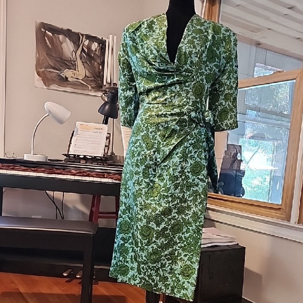Vintage Green & Turquoise Floral Garden Dress Faux Wrap Size 8-10 1950s Silk?